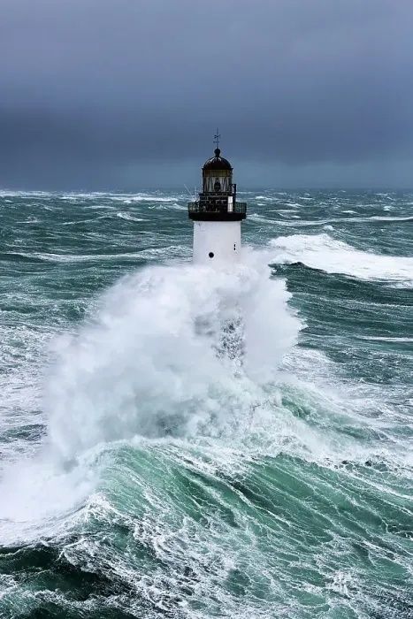 Phare blanc battu par de puissantes vagues sous un ciel sombre